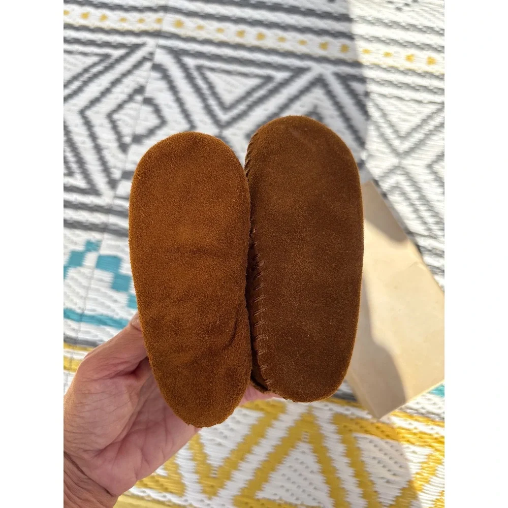Vintage Minnetonka Kids Brown Suede Moccasin Boots Woven Trim Made in USA Size 4